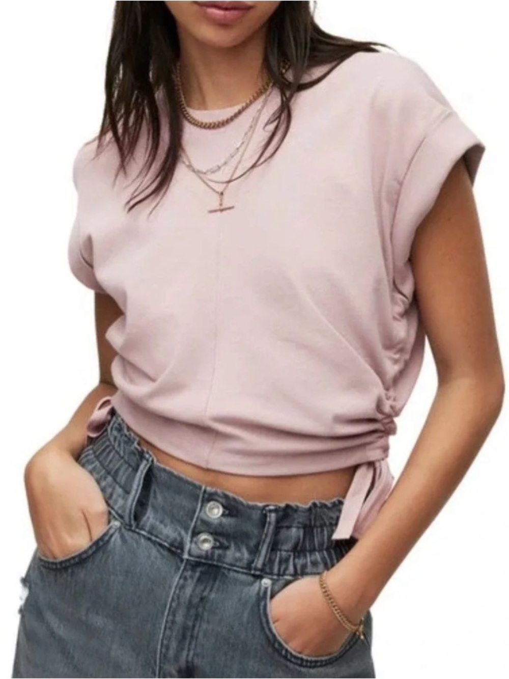All Saints Mira Ruched Side Tee Shirt Short Sleeve Pale Pink